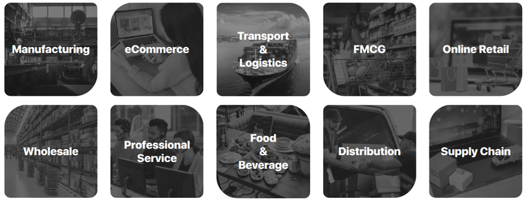 Industries we serve — Manufacturing, eCommerce, Transport & Logistics, FMCG, Online Retail, Wholesale, Professional Service, Food & Beverage, Distribution, Supply Chain