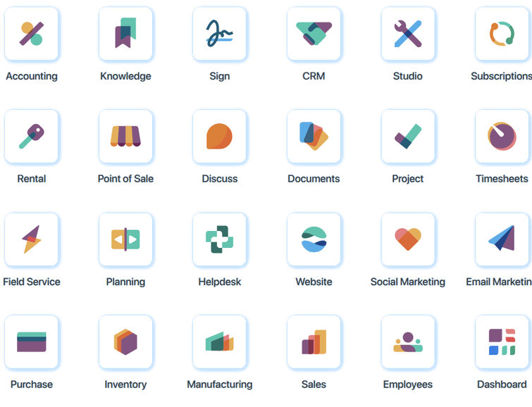 InomERP modules — Accounting, Knowledge, Sign, CRM, Studio, Subscriptions, Rental, Point of Sale, Discuss, Documents, Project, Timesheets, Field Service, Planning, Helpdesk, Website, Social Marketing, Email Marketing, Purchase, Inventory, Manufacturing, Sales, Employees, Dashboard
